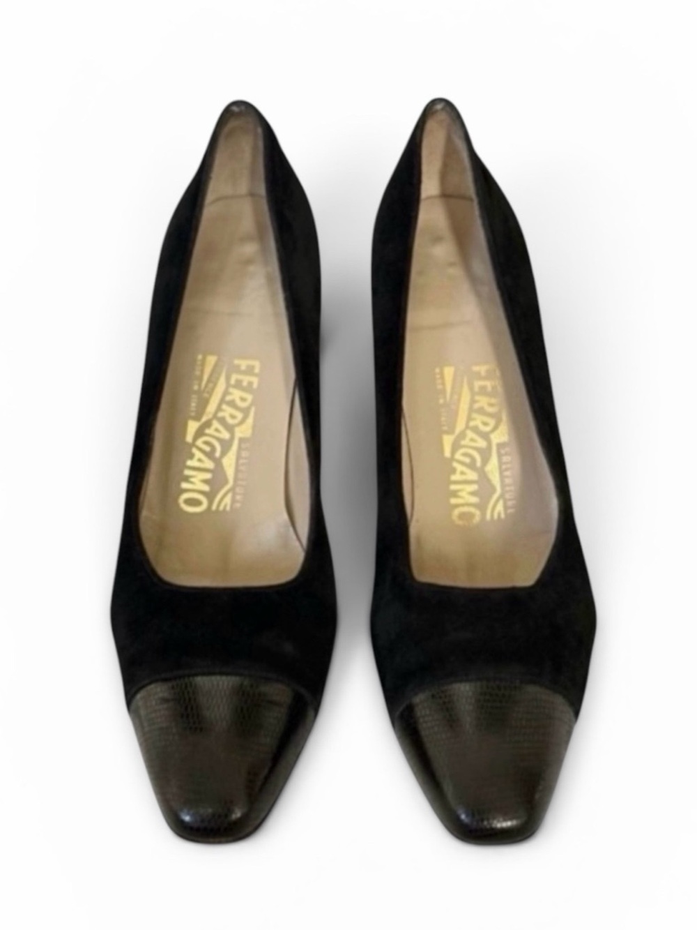 Salvatore Ferragamo Black Suede Heels with Textured Leather Cap Toe Size 8AA